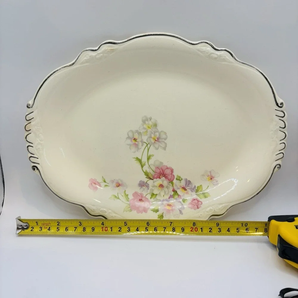 Vintage Homer Laughlin Floral Oval Serving Bowl‎ Silver Trim USA 11.5